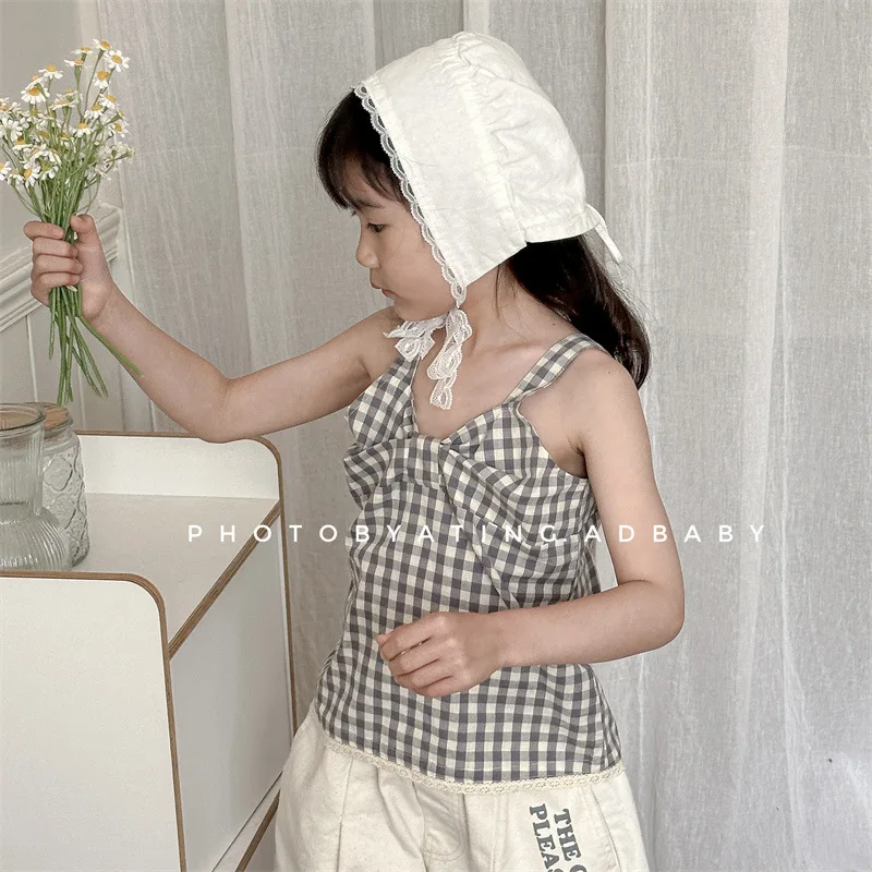 Girl Shirt Top 2024 Children Wear Girls Summer Wear Korean Style Plaid Halters Shirt Summer Shirt Top Girl Fashion Shirts Vest