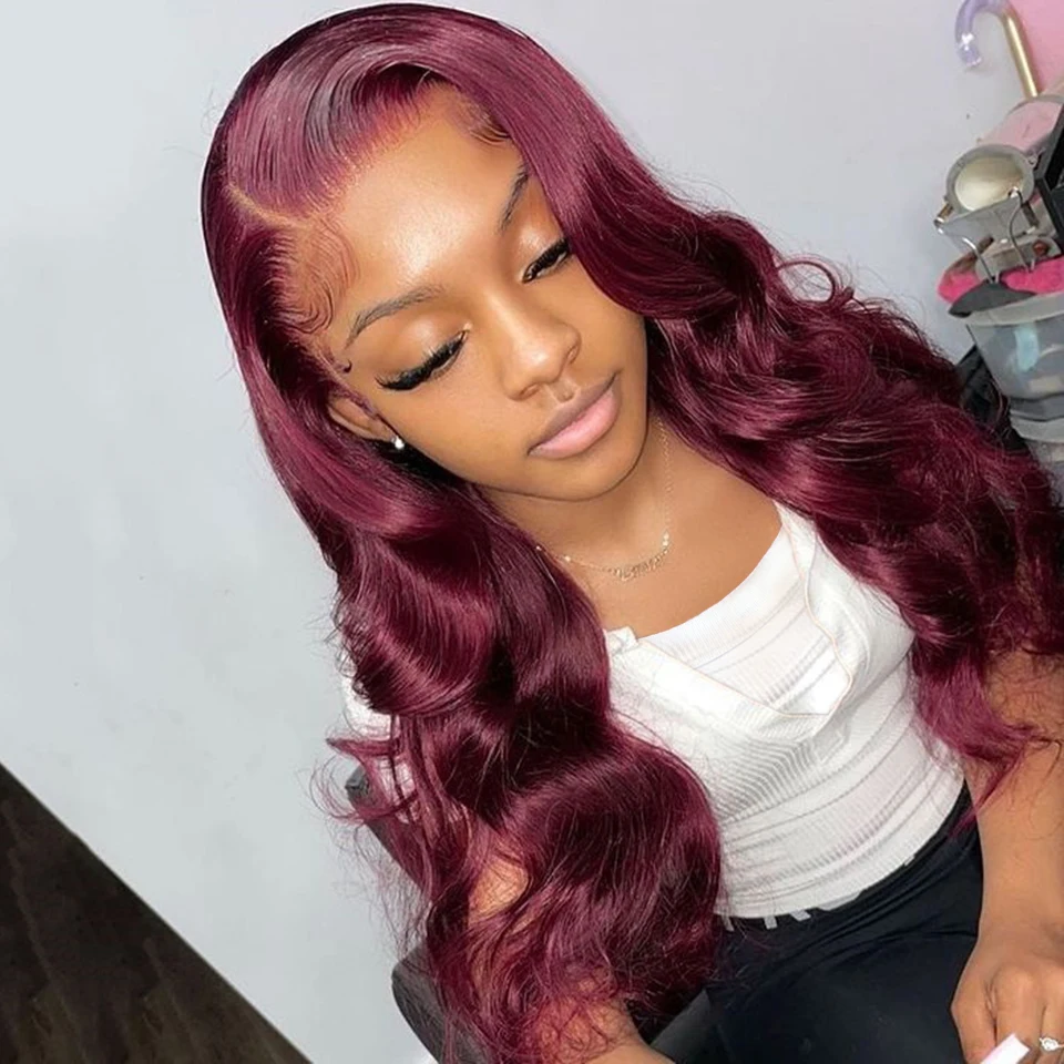 

Brazilian Body Wave Wigs 13x4x1 Lace T Part Wig Human Hair Wig For Black Women #99 Cherry Red Colored Wig Bleached Knot Big Sale