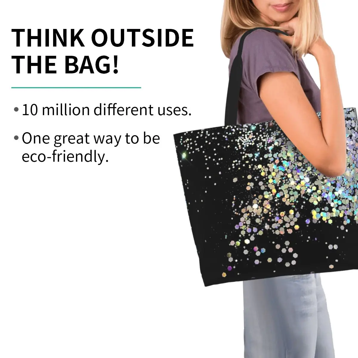 Black And Holographic Sparkle Shopping Tote Bag Canvas Large Capacity Shoulder Bags Shopper Grocery Handbag for Women