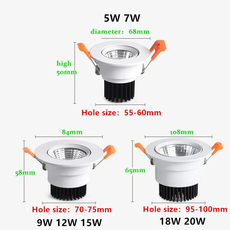 Lampu Downlight LED AC90V-260V 5W7W9W12W15W18W20W Dapat Diredupkan, Chip Epistar COB, Lampu Plafon Tersembunyi, Lampu Sorot untuk Penerangan Rumah