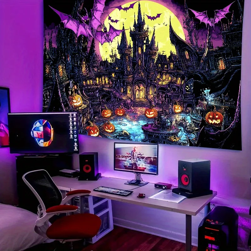 VIKAMA Halloween Gothic Wall Tapestry Graffiti Style Pointed Castle Bat Pumpkin Full Moon Dark Party Decoration