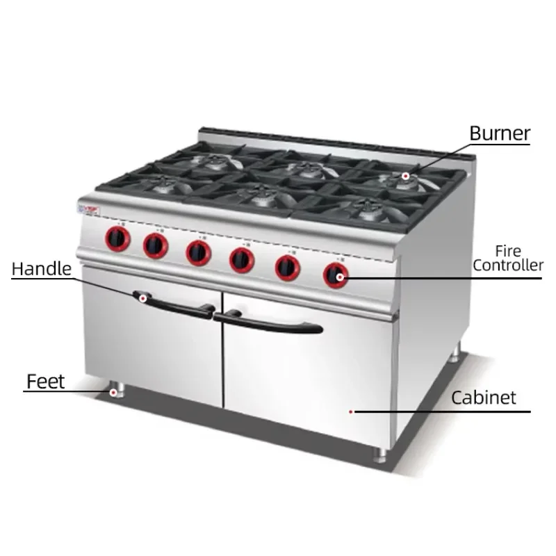 Commercial gas 6-burner stove, stainless steel gas stove with cabinets, for restaurant kitchen appliances