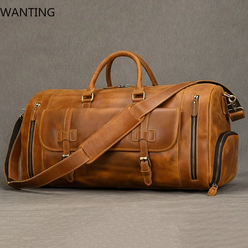 Imagen 2 del producto Bolsos de mano Vintage a la moda para hombre, bolsos de viaje de cuero auténtico, bolso de hombro de viaje, bolsos de equipaje de mano de piel de vaca, lona grande