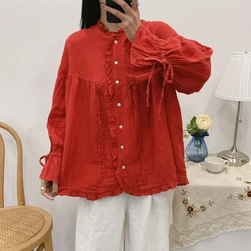 2024 New Ruffles Linen Lace-up Women Shirts Tops Spring Summer Vintage Mori Loose Slits Female Blouses