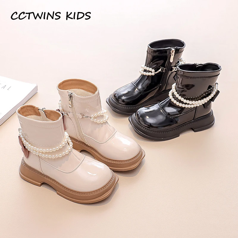 

Girls Boots 2023 Winter Toddler Kids Princess Fashion Brand Chelsea Middle Calf Boots Children Patent Pearls High Top Warm Shoes