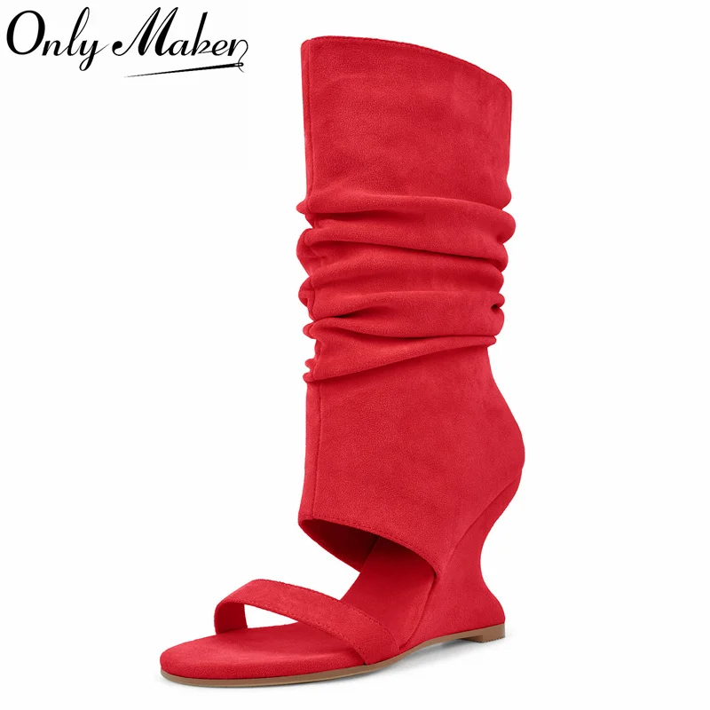 

Onlymaker Women Open Round Toe Slouchy Mid Calf Wedge Sandal Boots Faux Suede Curved Heel Dress Party Casual Sandal Boots