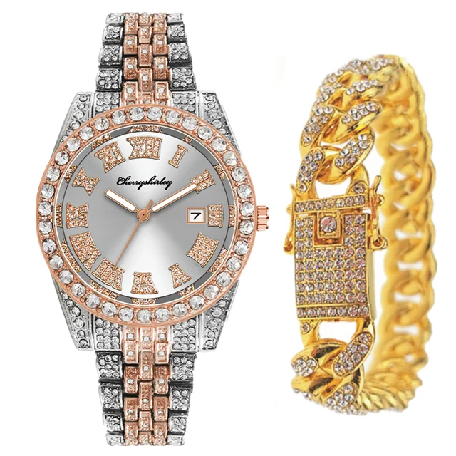 2pcs Full Iced Out Watches Men's Cuban Bracelet Bling Luxury Blue Wristwatch Jewelry for Men Gold Fashion Hip Hop Set Clocks