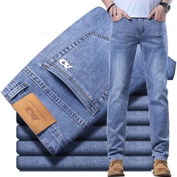 Lente heren lichtblauwe slanke jeans Stijlvolle casual stretchstof denim broek Klassieke broek rookgrijs