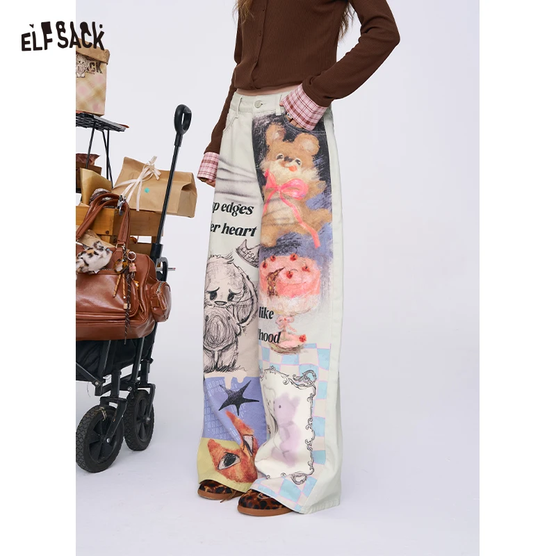 

ELFSACK 2025 Autumn New Arrival Y2K Artist Hand-Drawn Print Wide-Leg Jeans Oversized Pants For Woman