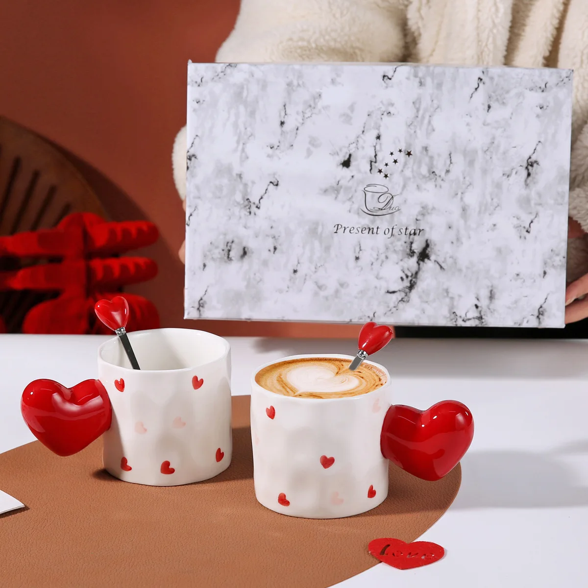 

3D Raised Heart Ceramic Coffee Mug, Handmade Valentine's Day Couple Mugs, Aesthetic Breakfast Milk Water Cup for Home & Gift