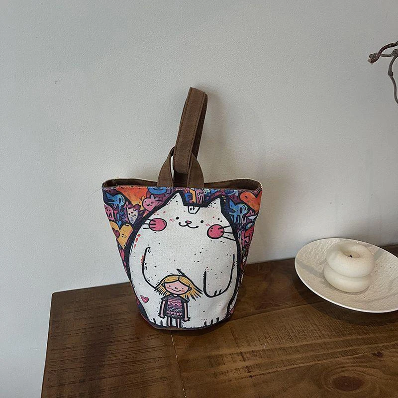 2025 Portable Bucket Bag Hand-carrying Out Ins Canvas Bag Cute Girl Mobile Phone Female Bag