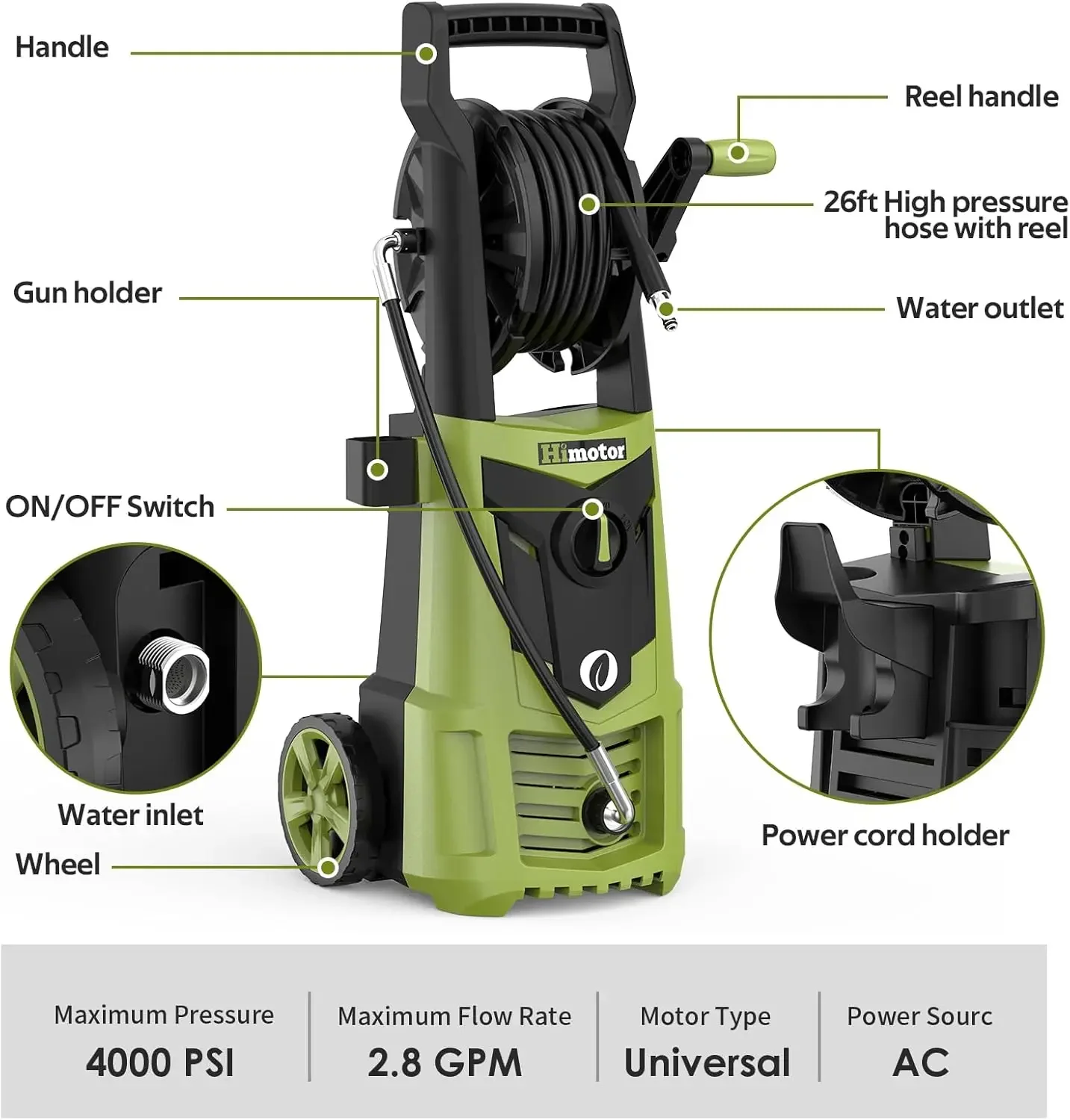 Pressure Washer - 4000PSI 2.8GPM with Nozzle Set, Power Washer with Hose Reel, Foam Cannon Included, Car Wash Machine