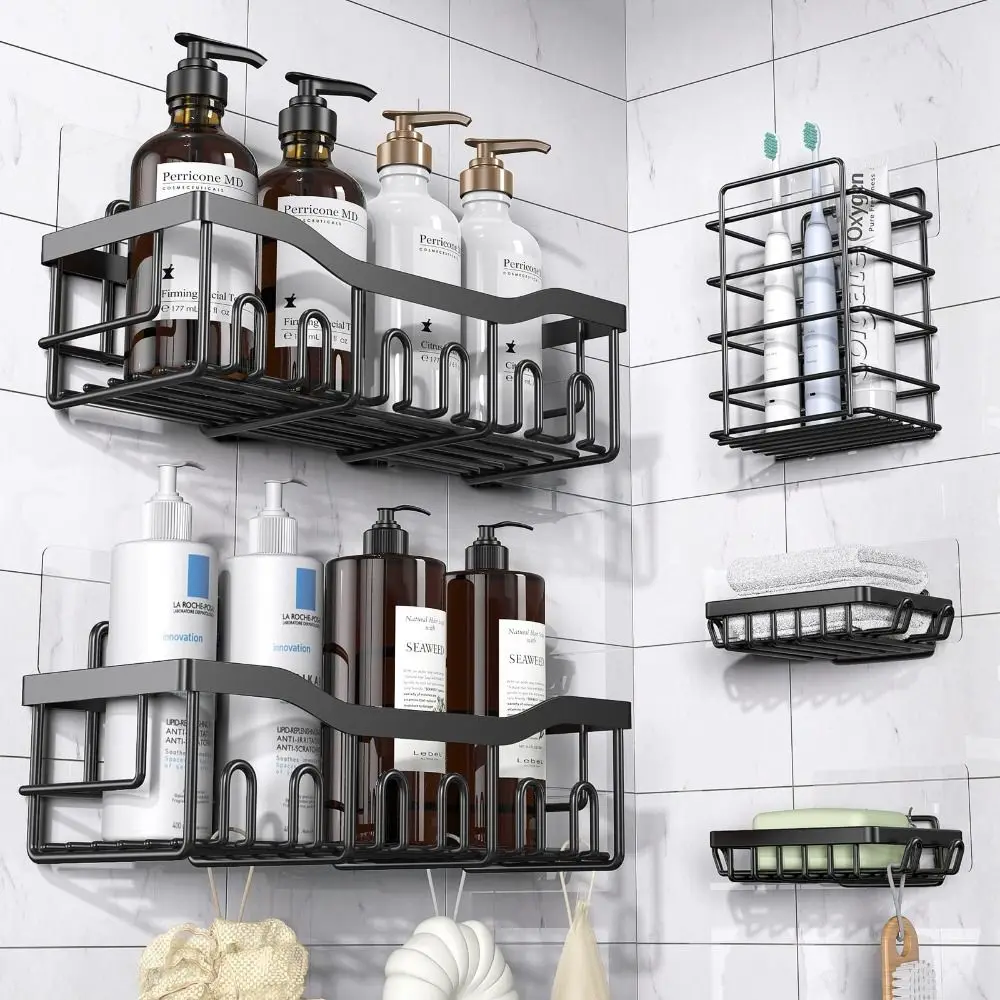 

No-Punch Bathroom Shelf Unit Combo Set Storage Accessories Bathroom Storage Rack Stainless Steel Metal Wall Organizer