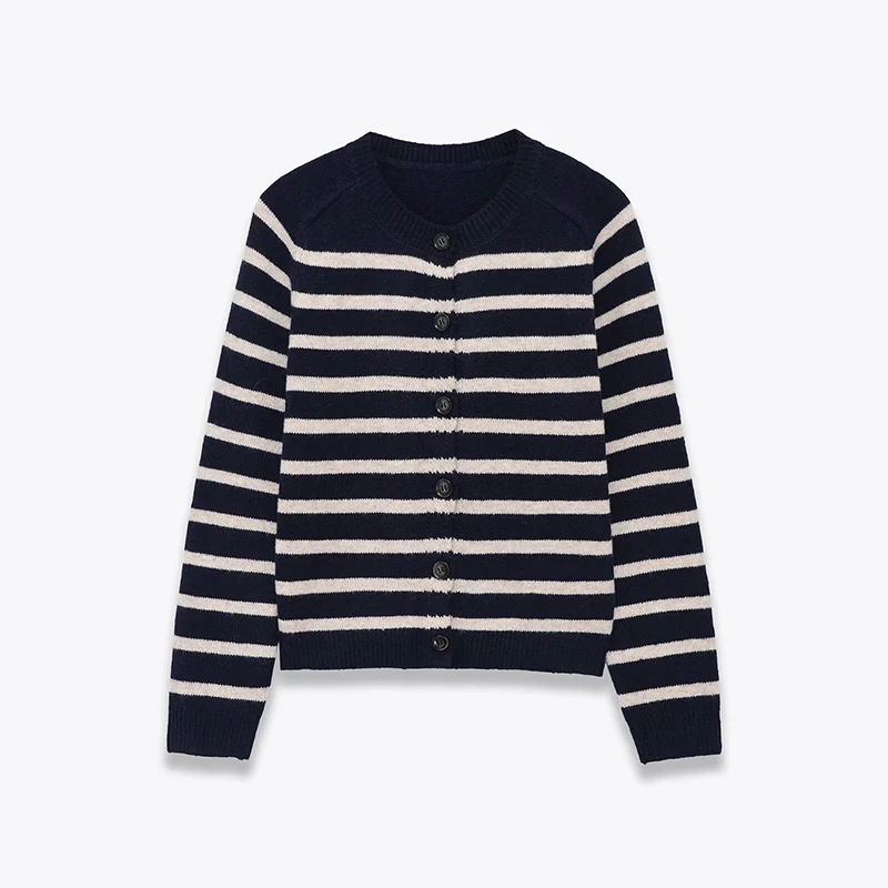 

Casual Women Long Sleeve O Neck Front Button Striped Cardigan Short Spring Outerwear