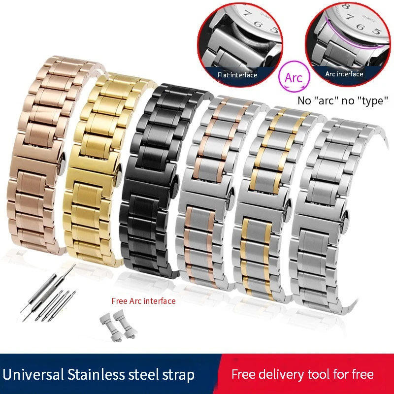 สายนาฬิกาสแตนเลสสตีล14/16/18/20/22มม. สายนาฬิกาข้อมือสายรัดโลหะสีเงินพร้อมหัวเข็มขัดผีเสื้อสำหรับผู้ชายยาว
