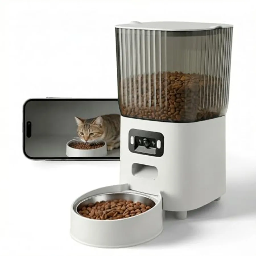 

Автоматическая кормушка для кошек с широкоугольной камерой, 5 л, умный дозатор корма для собак, управление через приложение, ночное видение 1080P, обнаружение движения, двусторонняя связь