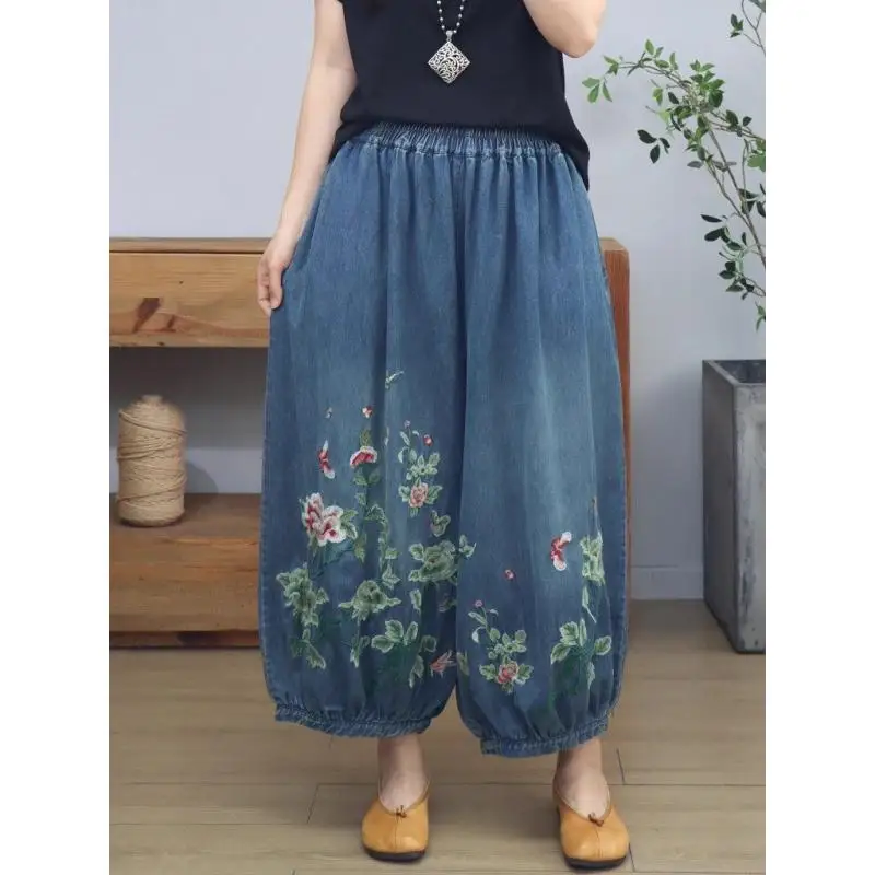 

Женские широкие джинсовые брюки оверсайз с вышивкой, свободные, винтажные, укороченные, повседневные, весна-осень 2026, новинка