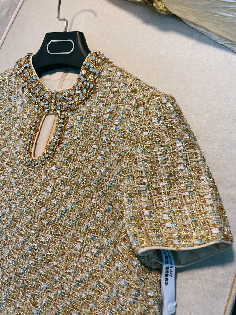 

Лето 2023, женский круглый шерстяной топ Ne Plaid iny с блестками и бриллиантами, винтажный дизайн, свободный крой, ort Sve