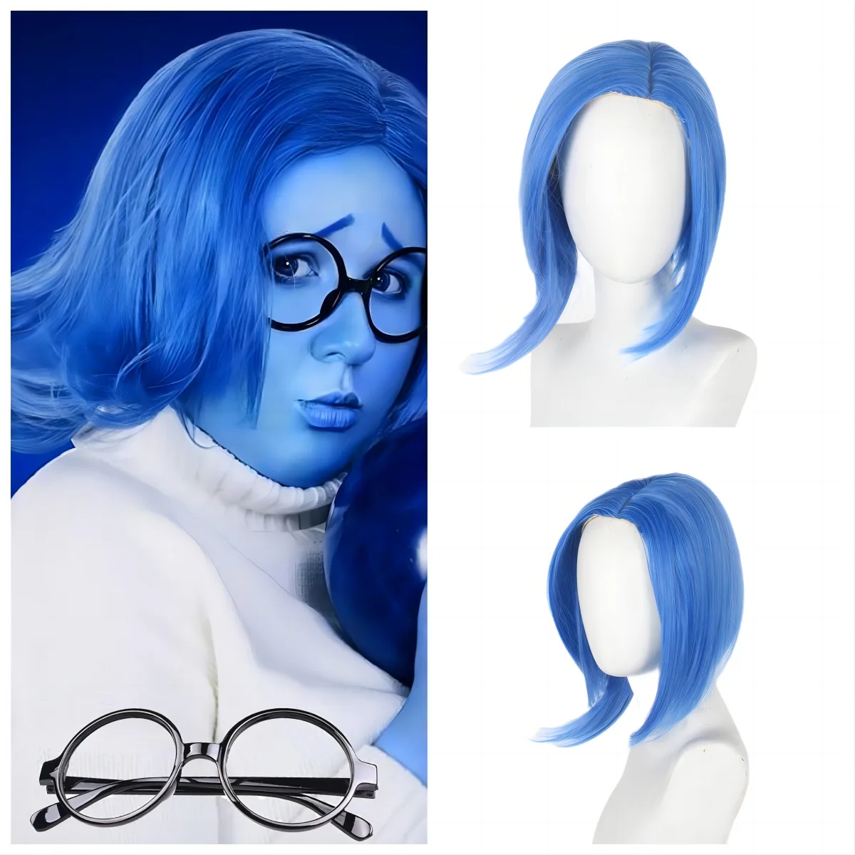 

Agusidi Brains Secret Service Team Sadness Optimal nside Out Simulation Head Leather Treasure Blue Short Hair Cos Wig DM9032