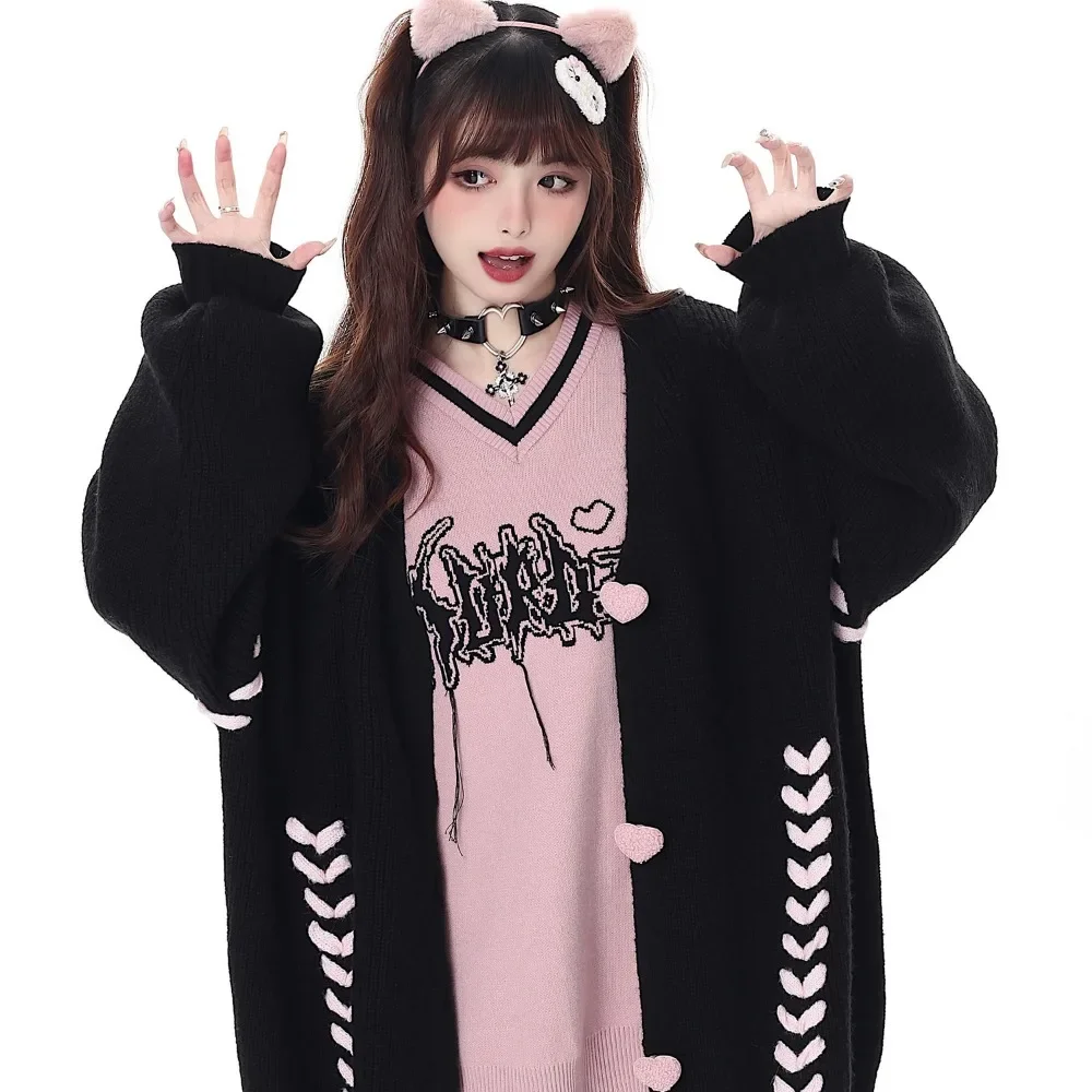 New Japanese College Style Knitted Cardigan Oversized Sweater Women Tie Knit Jacket Cute Kawaii Hundred Loose Y2k Clothing