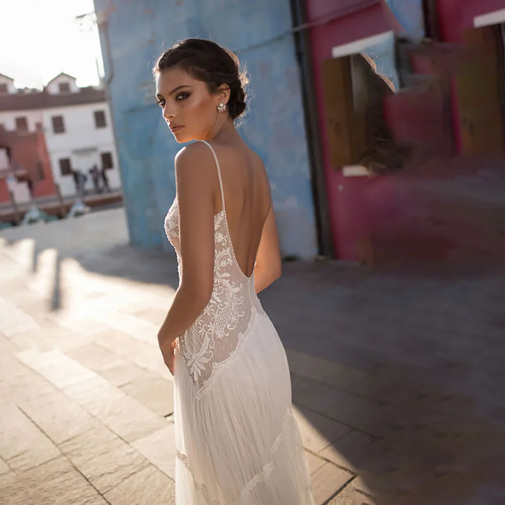 Robe de Mariée en Dentelle de Style Boho avec Bretelles Spaghetti Personnalisées, en Tulle à Plusieurs Niveaux, Coupe Slim Romantique, Ligne A, Dos aux, pour Patients