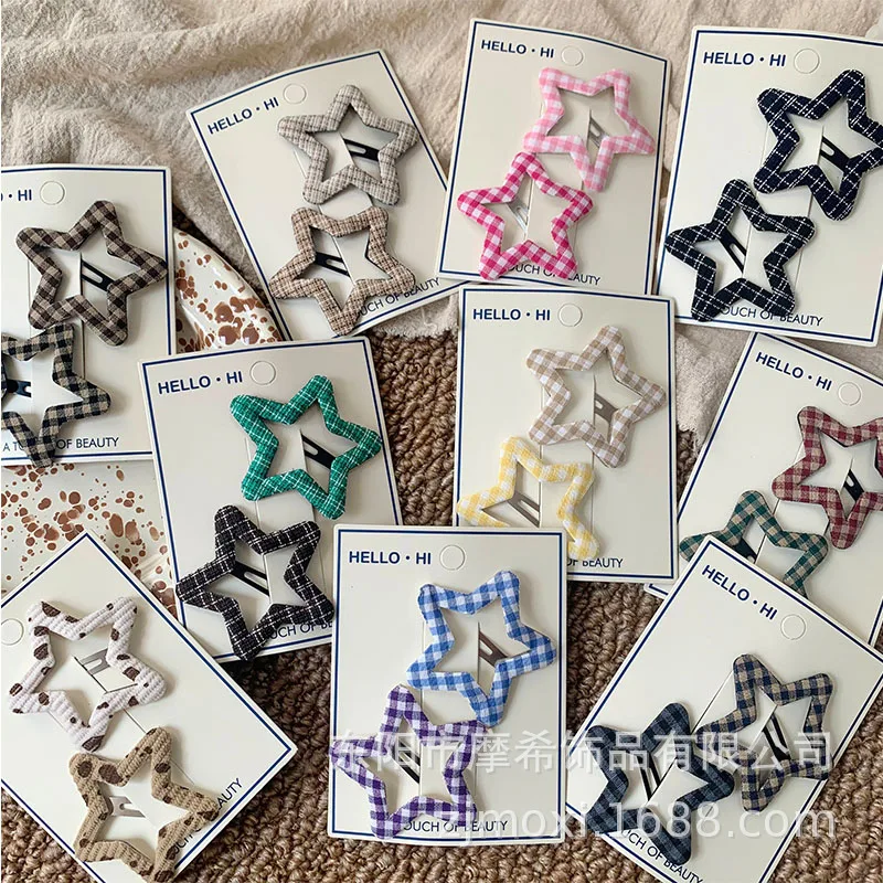 Korean Preppy Style Plaid Cloth Hair Clips Star Cloud Pattern BB Barrettes Sweet Side Bangs Broken Hair Pins for Women Teenagers
