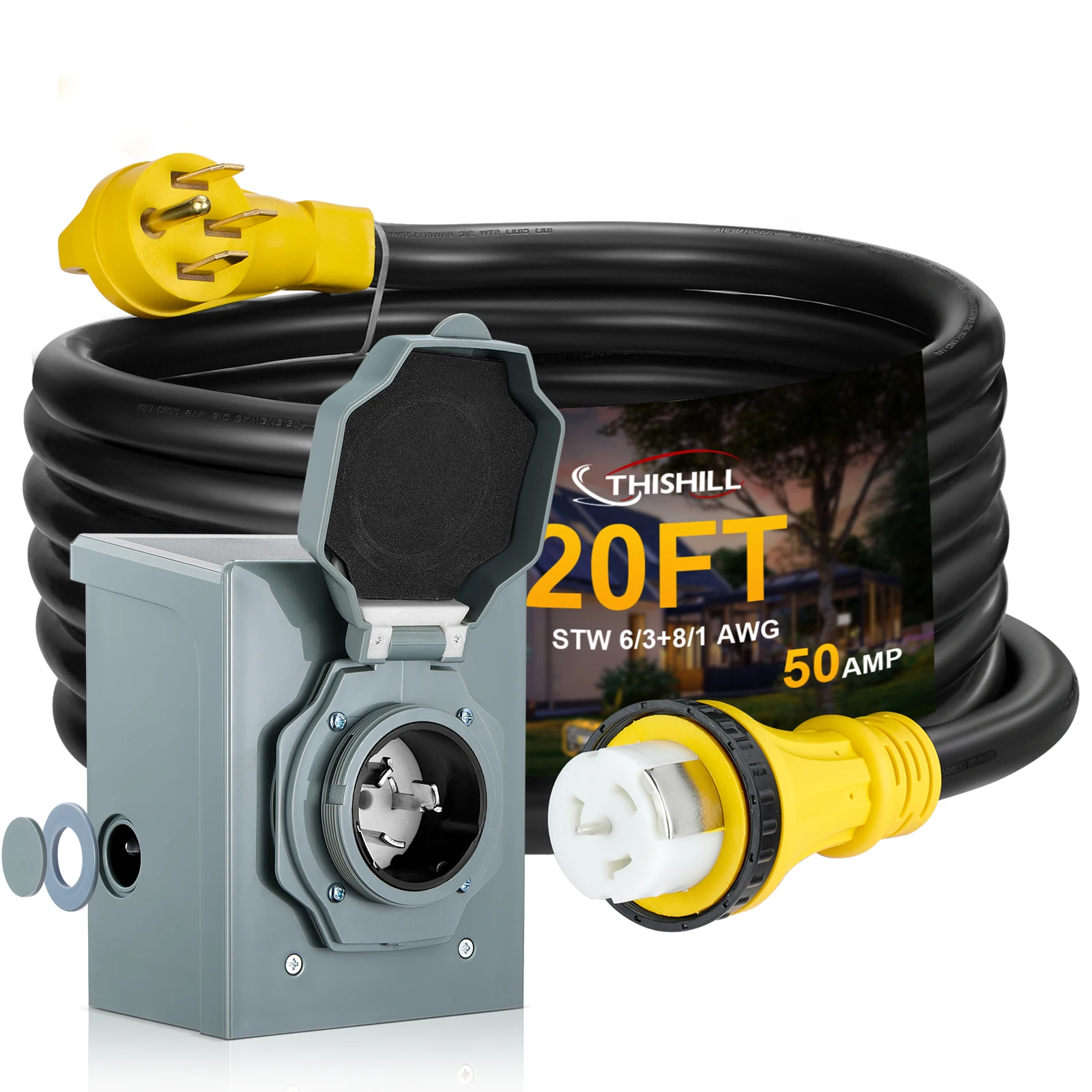 

50 Amp Generator Cord with Inlet Box, 20FT RV Extension Cord for RV Campers Trailers Home Backup Power and Portable Generators