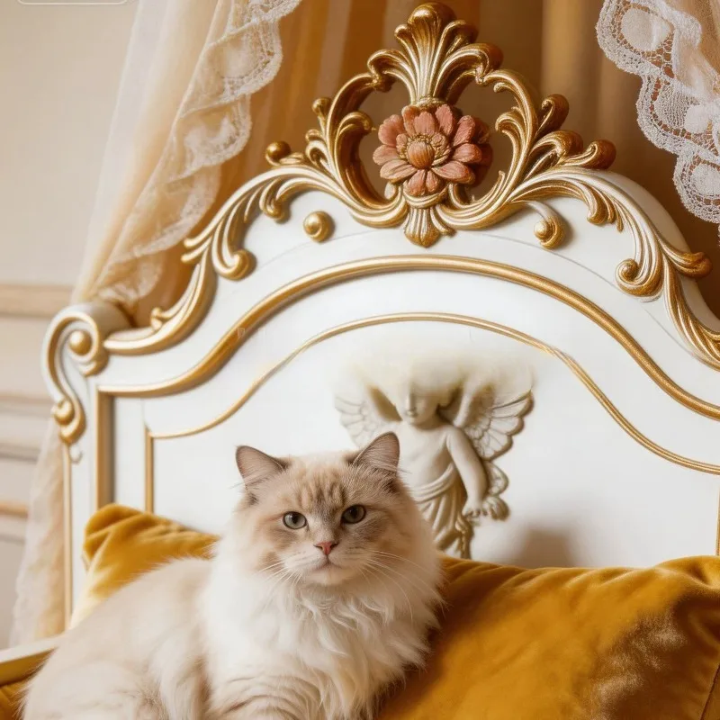 Solid wood carving flower sticker gold leaf pet furniture indoor cat dog sleeping bed cat kennel