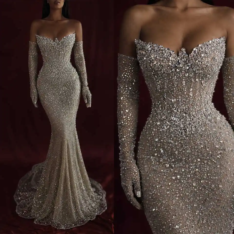 Sparkle Silver Prom Dresses with Gloves Luxury Crystals Beaded Formal Party Dress African Birthday Dress Photoshoot Evening Gown
