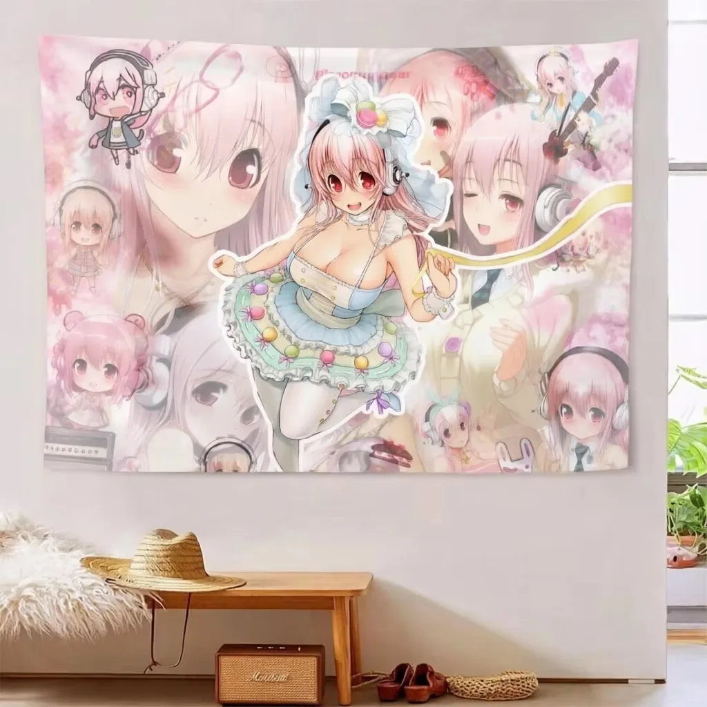S-Super S-Sonico Cherry Blossom Guitar Tapestry, Cute Macaron Lolita Wall Hanging for Bedroom Dorm Room Sweet Otaku Decor Gift