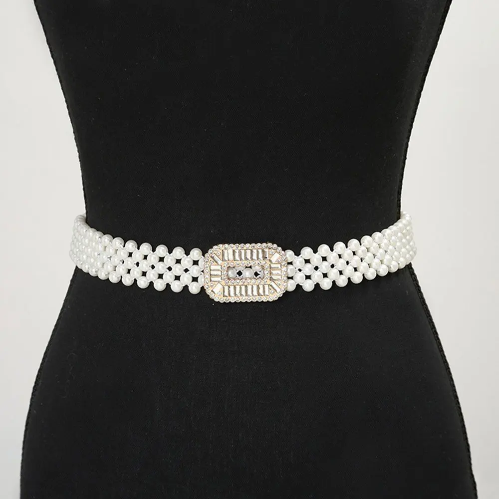 Lady's Elegant Pearl Elastic Belt Square Buckle Stretch Wide Belt Daily Decorative Belt Party Formal Dress Corset Belt
