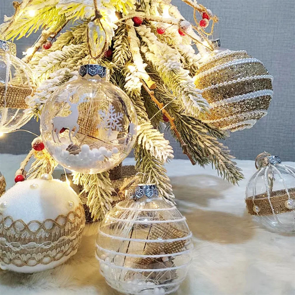 9PCS Transparent Gold Glitter Christmas Balls Ornament with Linen Rope Christmas Tree Pendant Home New Year Party Decoration