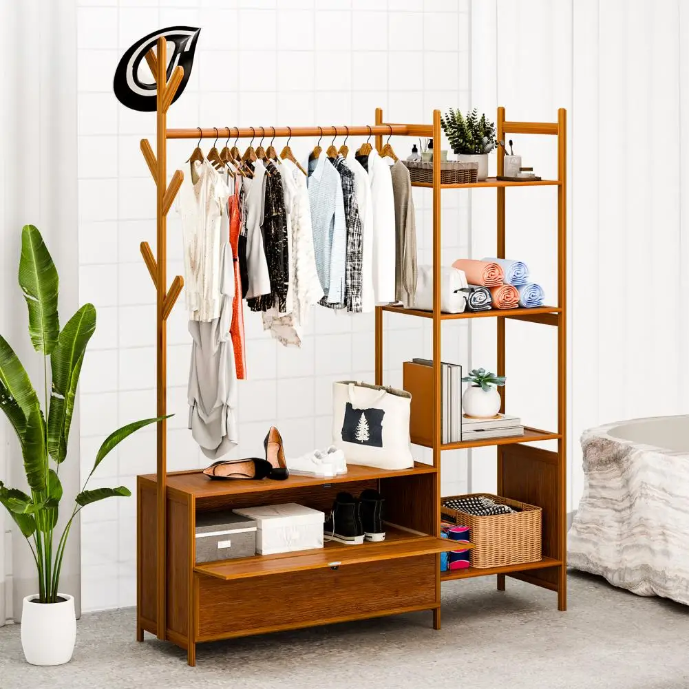 

Hall Tree Garment Rack, Entryway Coat Rack with 4-Tier Shelves and 2 Shoes Cabinet, Freestanding Wardrobe Closet Clothing Rack f