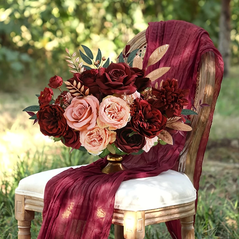 Wine red rose artificial flower combination box, bridal bouquet, outdoor/indoor DIY decoration, holiday decoration flowers