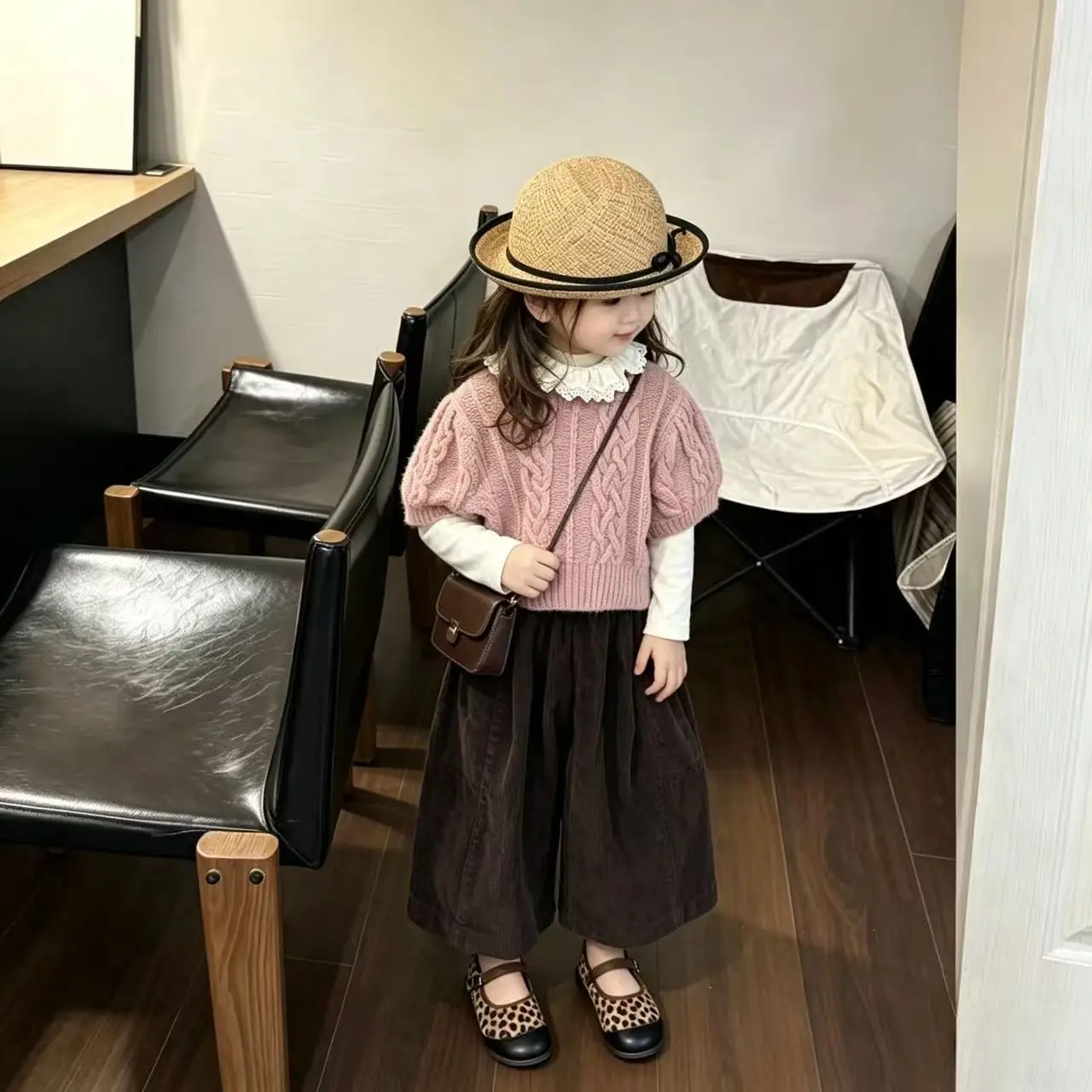 3PCS set Spring Autumn Clothing set Sweet Cute Pink Knit vest+Shirts+Loose Pant Kid Children baby toddler Girls Elegance clothes