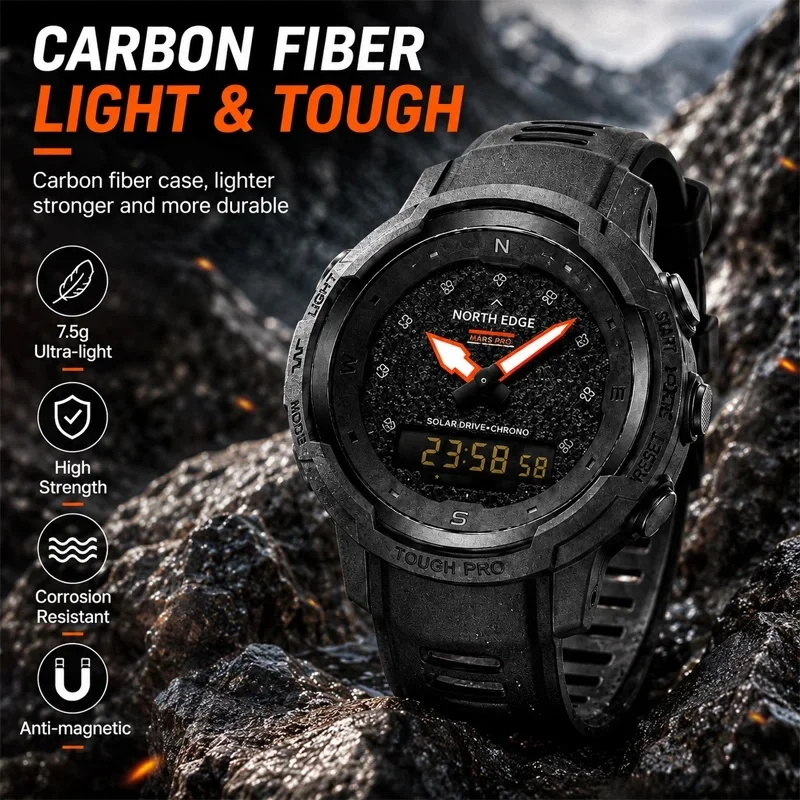 NORTH EDGE MARS PRO Outdoor Watch Men Altimeter Barometer Compass Digital Analog Dual Display Carbon Fiber 50M Waterproof New