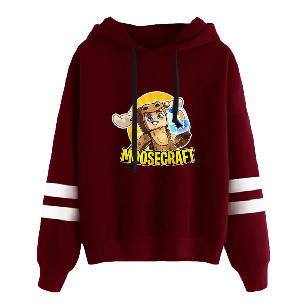 MooseCraft Hoodie uniseks, Sweatshirt lengan bar paralel tanpa saku, Pullover bertudung pria wanita gaya kasual