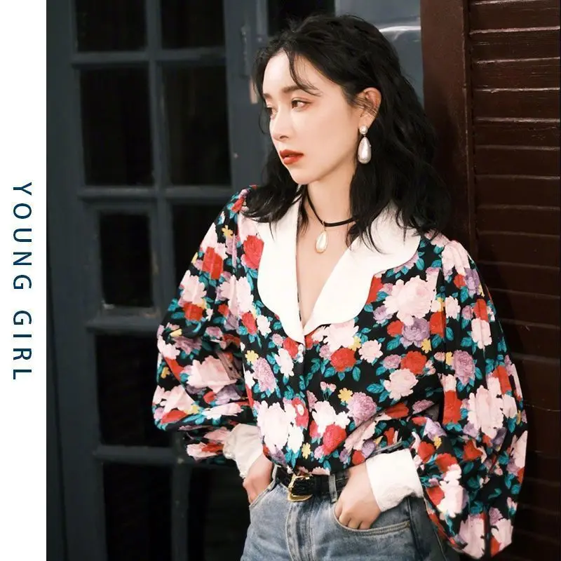 2023 Autumn Women\'s New Fashion Commuter Flower Broken Lantern Sleeve Shirt Casual Versatile Comfortable Long Sleeve Top