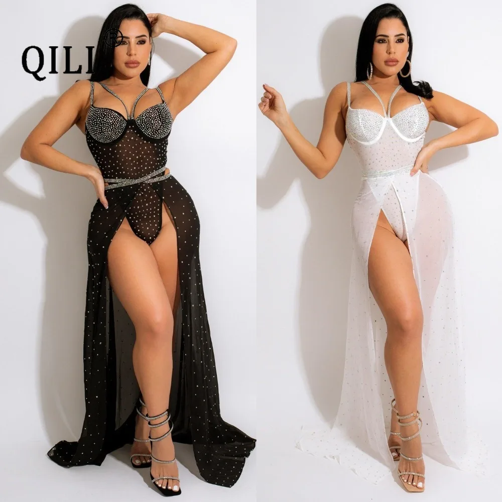 

QILI-Rhinestone Sexy See Through Mesh Dress, Strap Wrapped Chest, Hot Diamond Swimwear, Two Piece Nightclub Suit