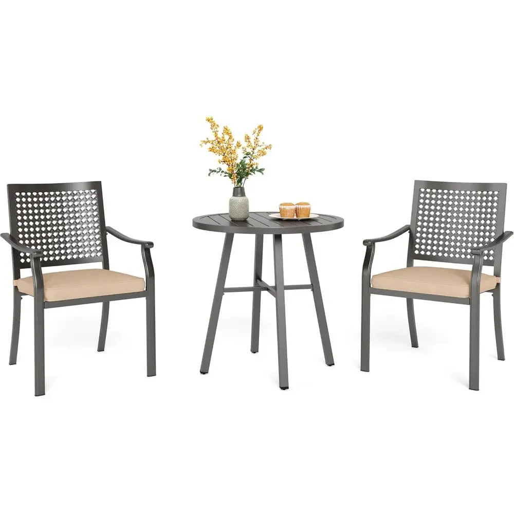 

Compact 3-Piece Bistro Set with Cushioned Iron Chairs for Patio, Deck, or Balcony