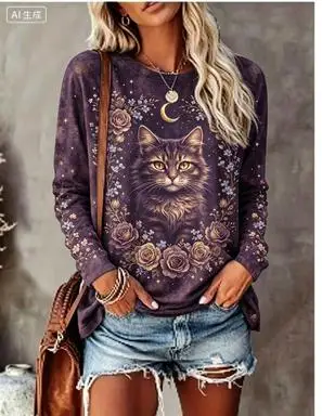 Women Long Sleeve T‑Shirt Vintage Owl Rose Moon Floral Print Crew Neck Loose Casual Daily Tops