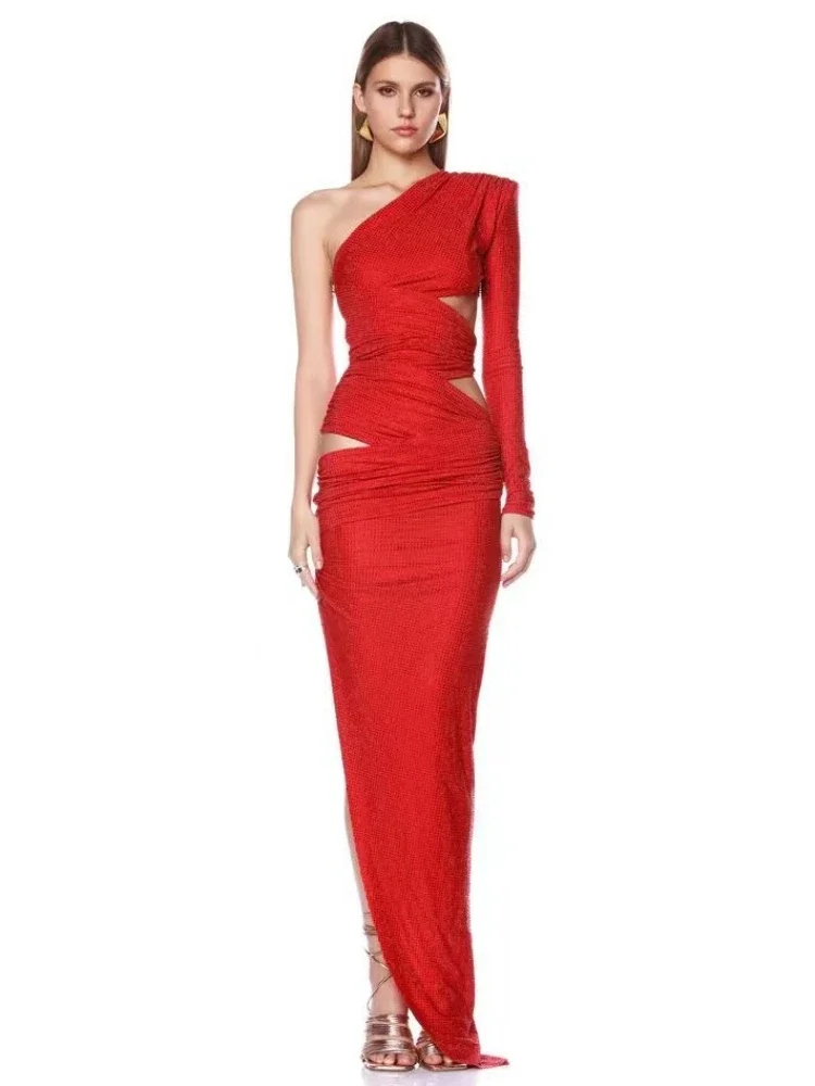 Abiti lunghi sexy con diamanti monospalla a maniche lunghe da donna Elegante abito da sera maxi da sera con spacco increspato rosso ritagliato