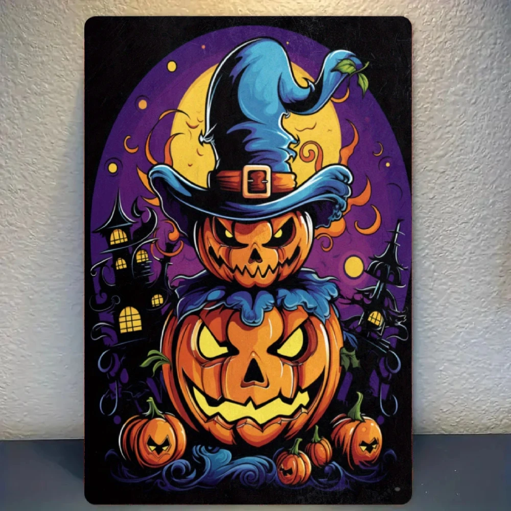 Wanddekoration aus Metallblech – Jack-O-Laterne und Hexenhut-Design mit Halloween-Motiv, vorgebohrt zum einfachen Aufhängen, langlebiges Zinn