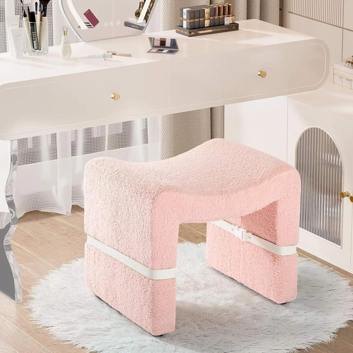 Stool Chair, Sherpa M-Shaped Ottoman Foot Rest with Detachable Legs & Side Belt, Foot Stool with Soft Boucle Fabric Seat for Mak