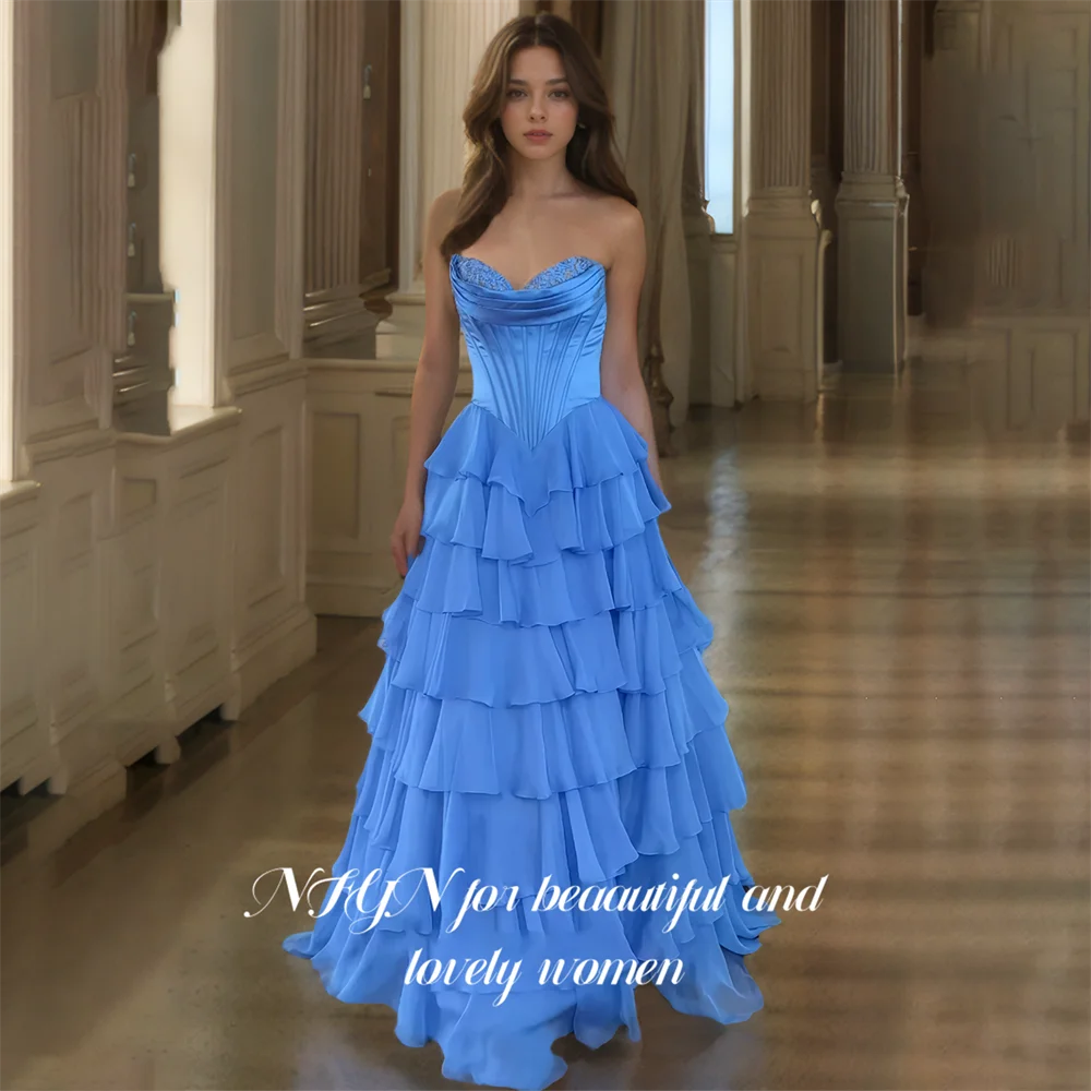 

NFYN Blue Long Chiffion Prom Dress A Line Strapless Formal Night Dresses Sweetheart Pleat Evening Gown Customized فستان سهرة نس