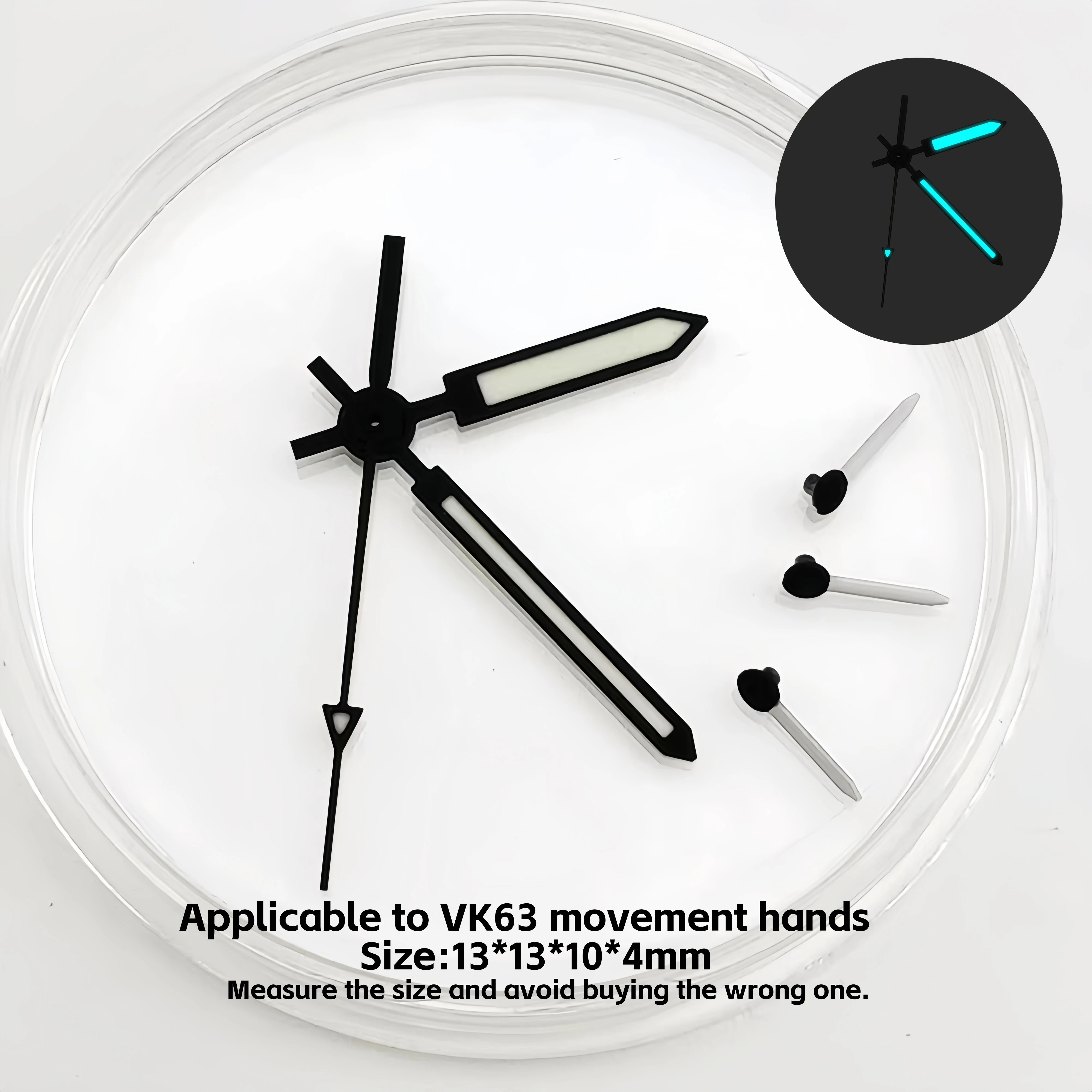 

VK63 movement watch hands, 6 hands, green luminous, black, silver, silver red seconds