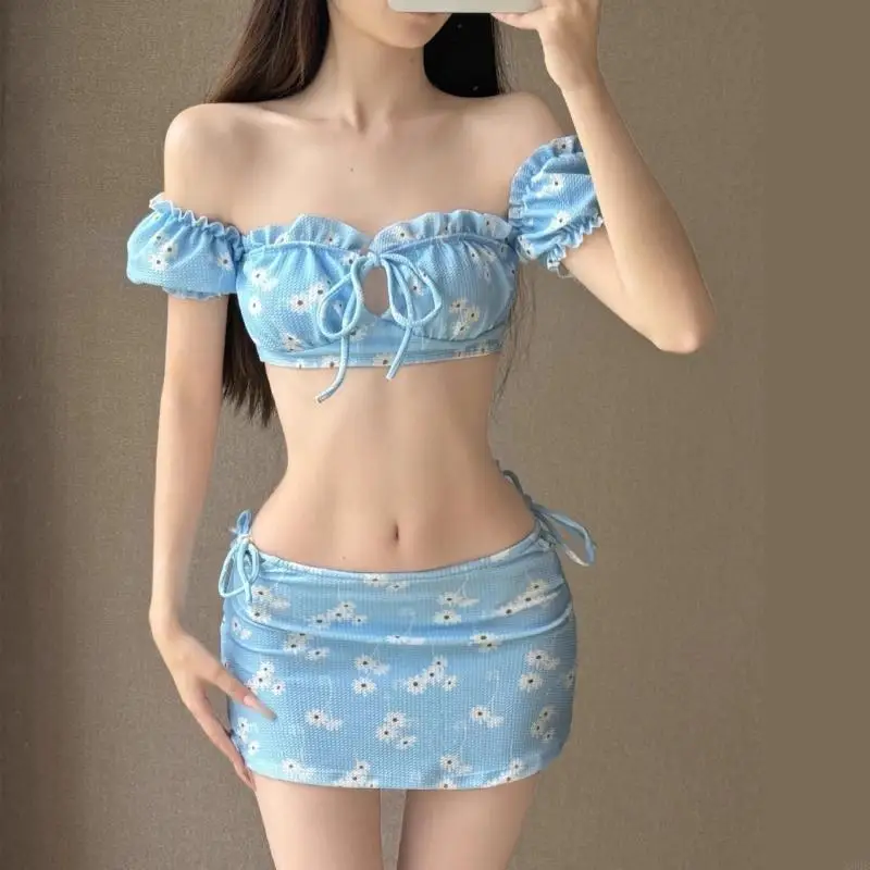 

Women 3 Pieces Bathing Suit Female Hollow Out Swimsuit Flower Printed Swimwear