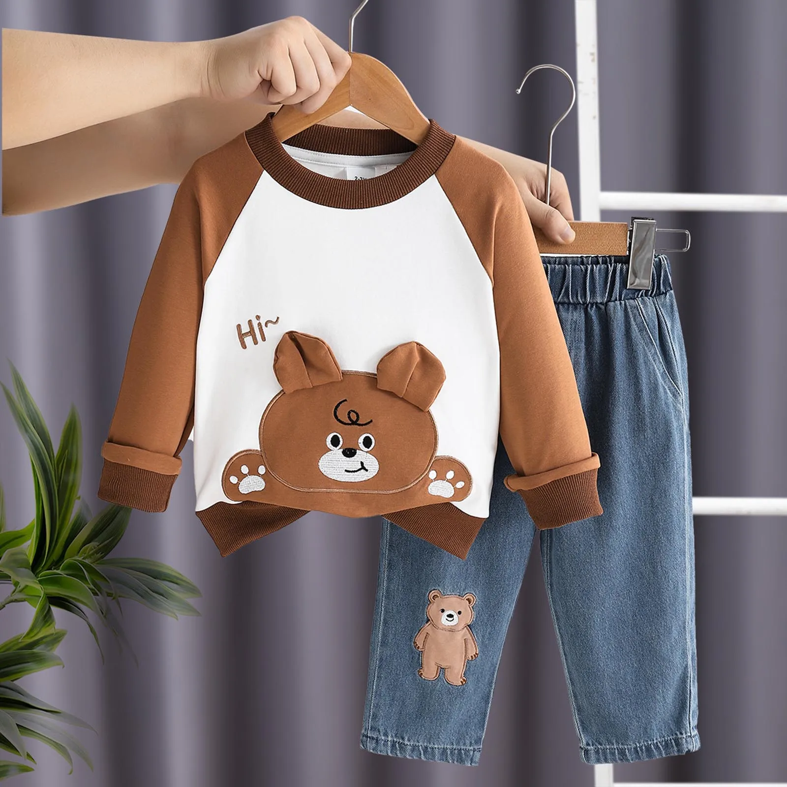 

2pc Teen Girls Clothes Toddler Baby Girl Fashion New Long Sleeve Hoodless Crewneck Sweatshirt Casual Jeans Fall Denim Trouser
