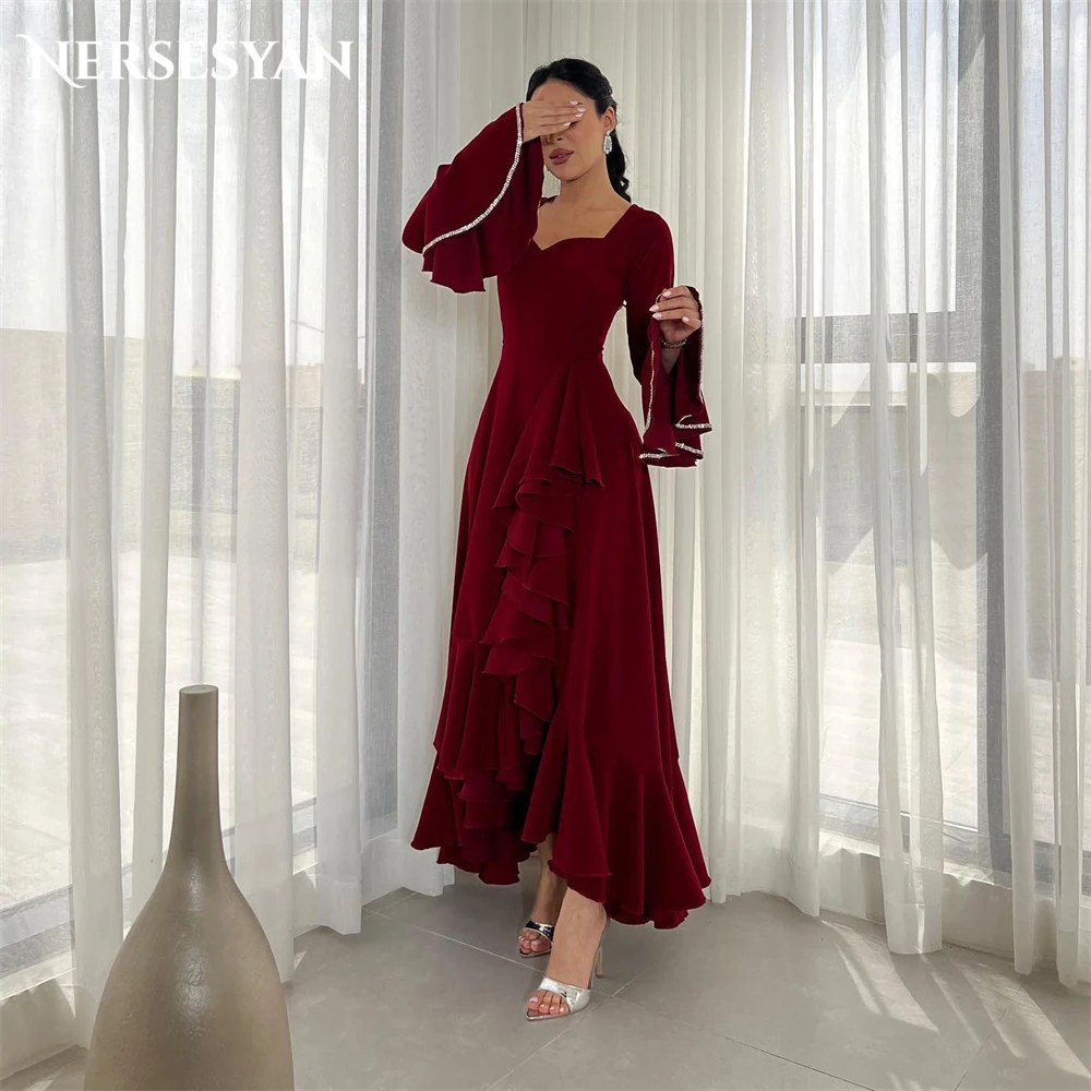 

Nersesyan Burgundy Elegant Formal Evening Dresses V-Neck A-Line Flare Sleeves Prom Dress Dubai Ankle Length Ruffles Party Gowns