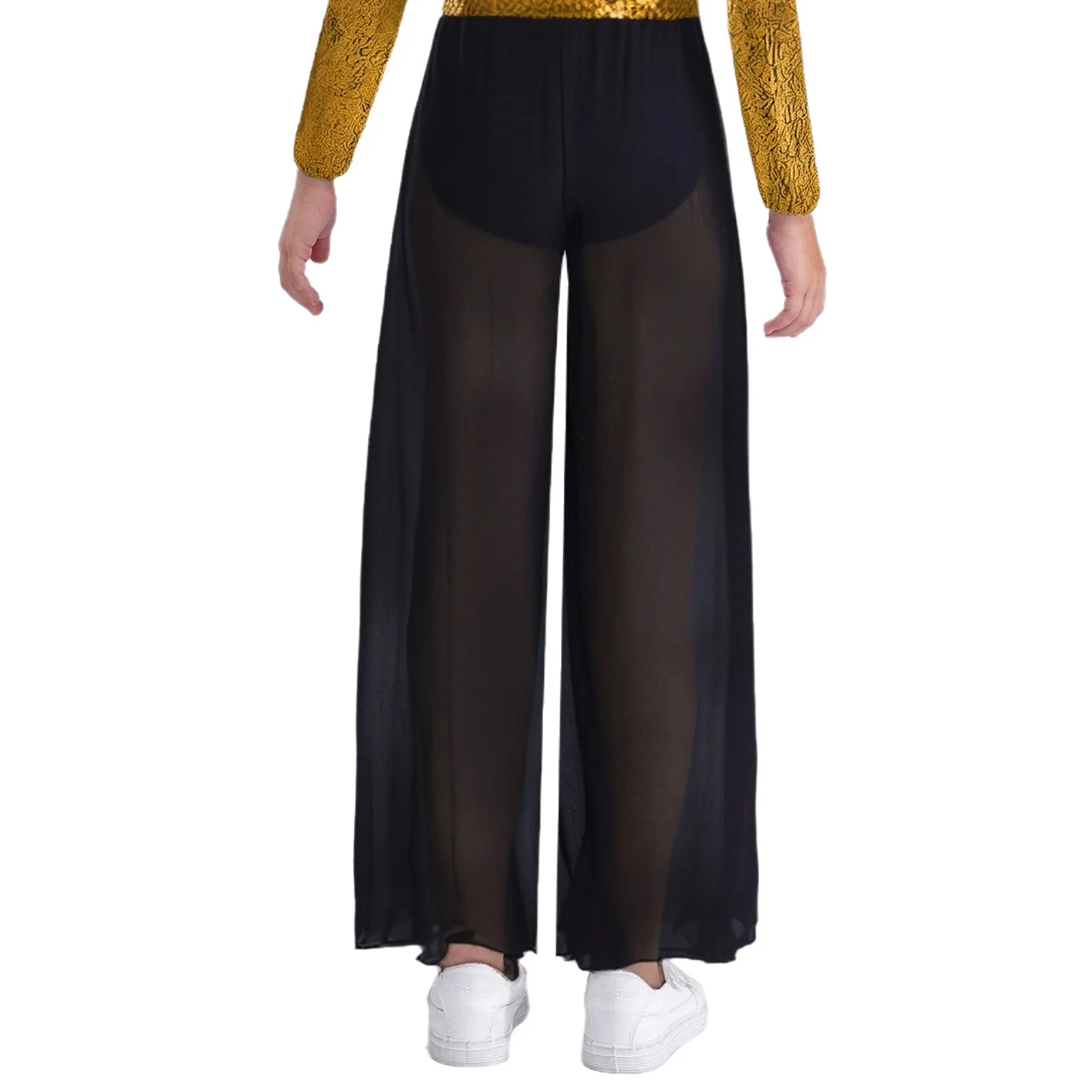 ガールズ ジャズ ラテン ダンス パンツ 光沢のあるスパンコール ウエストバンド 流れるようなシフォン オーバーレイ ワイドレッグ サイド スリット パンツ ステージ パフォーマンス用